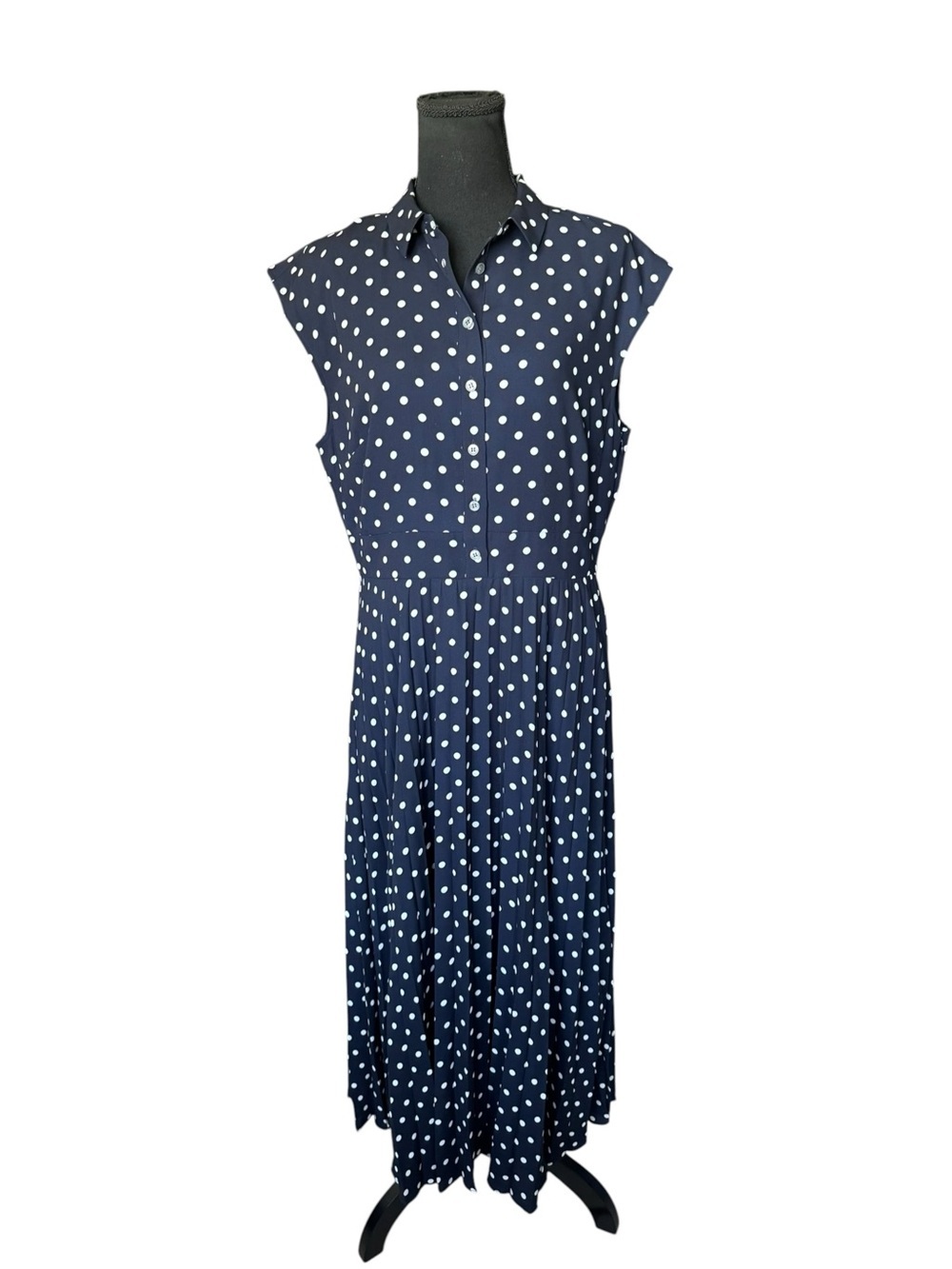 J.Crew Navy Polka Dot Midi Shirt Dress 12T Pleated Old Money Preppy P32